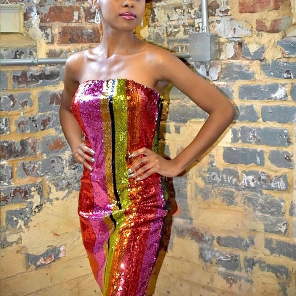 Multi Color Sequin Striped strapless Maxi Dress - Picture 6 of 7